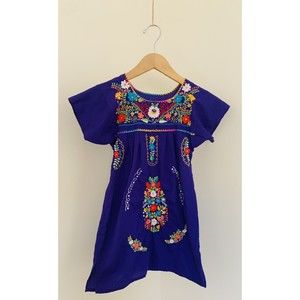 Girl’s Mexican Oaxaca Blue Puebla Dress Multicolored Embroidered Flowers  3T